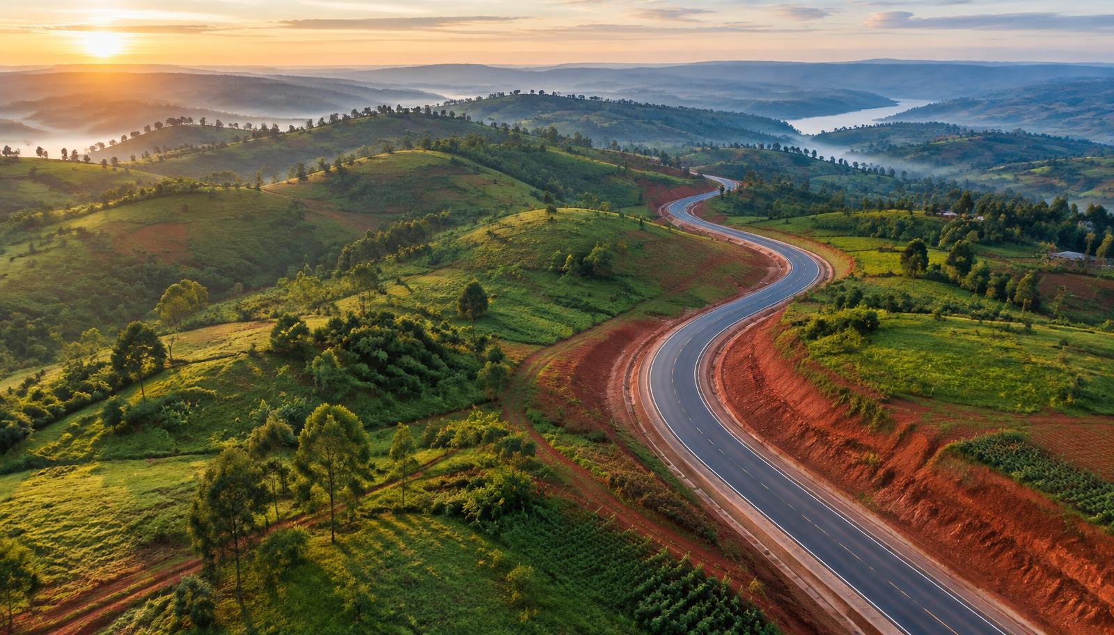 Aerial view of a road winding through green hills and red earth in Bugesera, south-east of Kigali