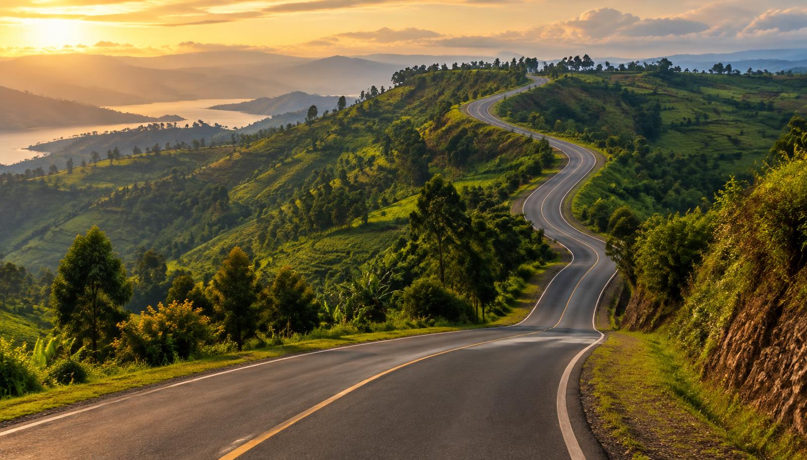A road climbing and dipping over the lush hills of Rwanda at sunset